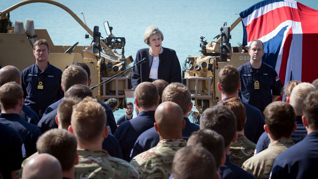 Prime Minister Theresa May addresses sailors on board HMS Ocean in the Port of Manama in Bahrain
