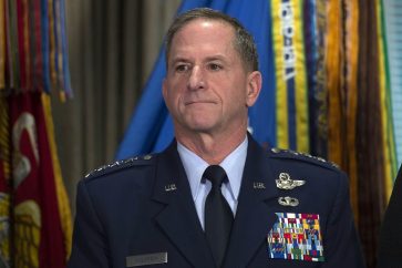 Gen. David Goldfein, who has been nominated to be Air Force chief of staff, listens as he is introduced by Defense Secretary Ash Carter during news conference at the Pentagon, Friday, April 29, 2016. (AP Photo/Molly Riley)