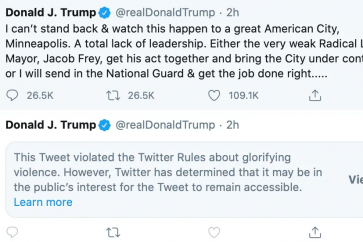 "Quand les pillages démarrent, les tirs commencent. Merci!", a écrit M. Trump dans un message pouvant être interprété comme une incitation aux forces de l'ordre à faire usage de leurs armes.