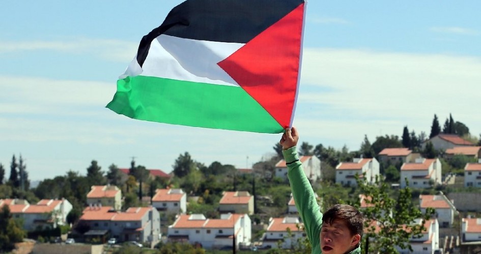 Drapeau de la Palestine brandi par un enfant en face des colonies israéliennes en Cisjordanie occupée (illustration)