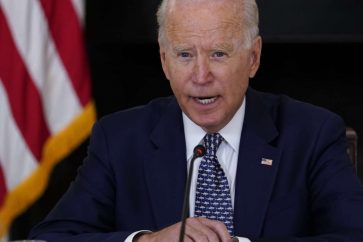 President Joe Biden speaks as he receives a briefing in the State Dining Room of the White House in Washington, Tuesday, Aug. 10, 2021, on how the COVID-19 pandemic is impacting hurricane preparedness. (AP Photo/Susan Walsh)