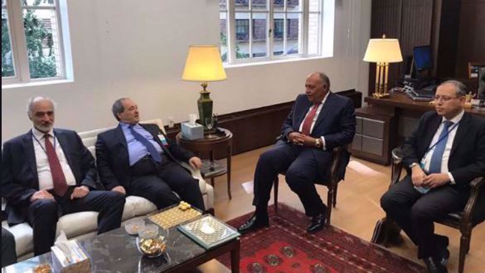 Le ministre syrien des Affaires étrangère, Fayçal Meqdad, a rencontré son homologue égyptien, Sameh Choukri, en marge de l’Assemblée générale des Nations unies, à New York, le 25 septembre 2021. ©STAR