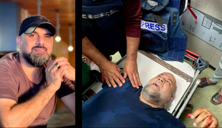 Le caméraman d'Al-Jazeera, Samer Abou Daqa et le journaliste Wael Dahdouh visés par une frappe israélienne à Gaza, le 15 décembre 2023.