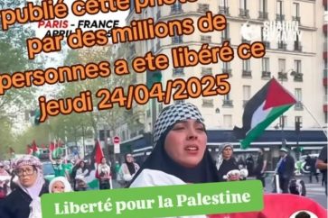 Une femme, représentant les mères de Gaza, porte un enfant symbolique couvert de sang et crie "Liberté pour la Palestine".