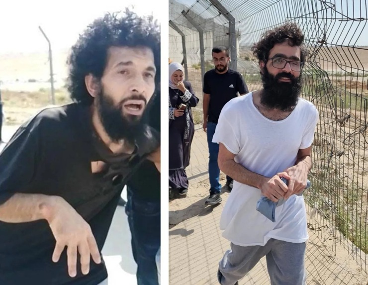 Deux ex-détenus palestiniens dans la prison de Néguev après leur libération.